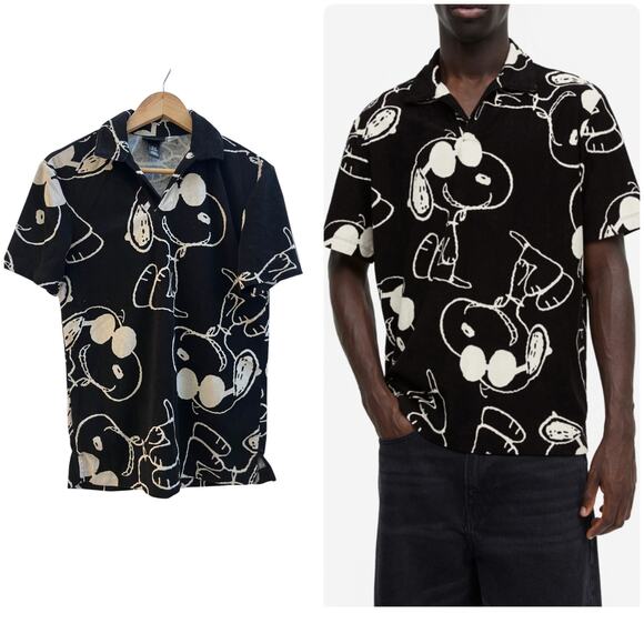 H&M Men’s Regular Fit Peanuts Snoop Print Terry Polo Shirt Size XS - Picture 10 of 10